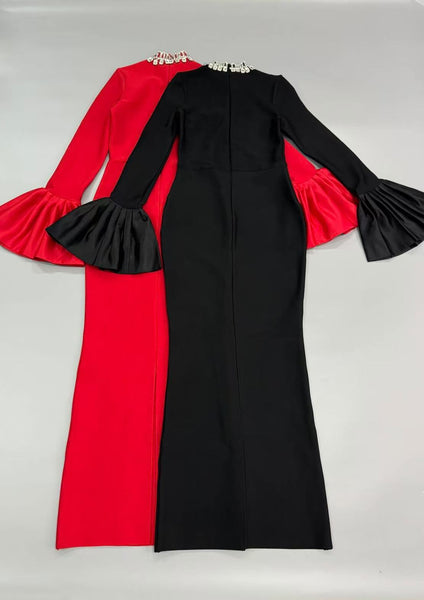 RHINESTONE COLLAR BELL SLEEVES BANDAGE MAXI DRESS (RED)