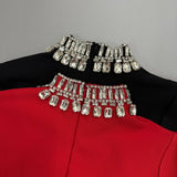 RHINESTONE COLLAR BELL SLEEVES BANDAGE MAXI DRESS (RED)