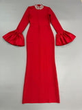 RHINESTONE COLLAR BELL SLEEVES BANDAGE MAXI DRESS (RED)