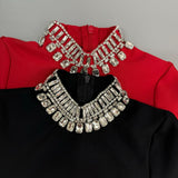 RHINESTONE COLLAR BELL SLEEVES BANDAGE MAXI DRESS (RED)