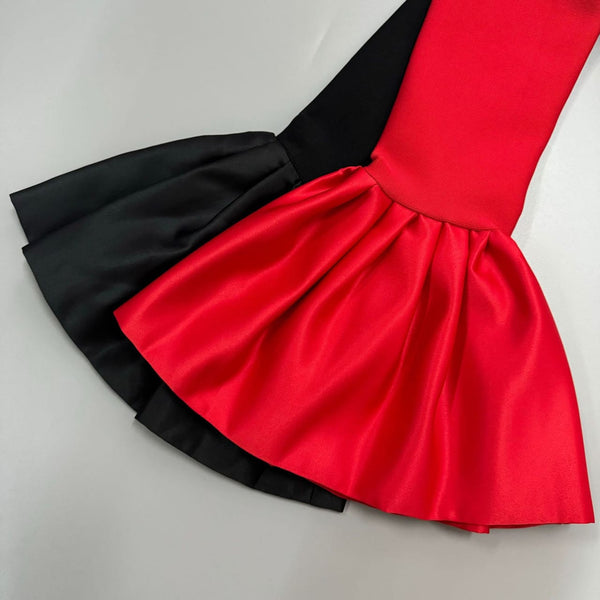RHINESTONE COLLAR BELL SLEEVES BANDAGE MAXI DRESS (RED)