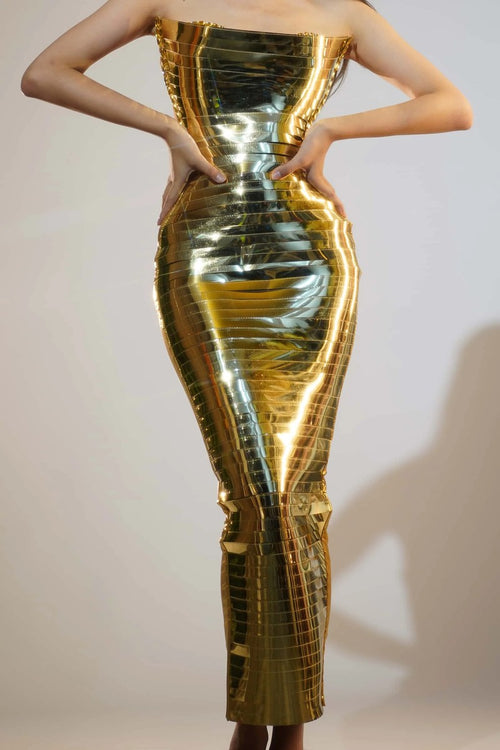 STRAPLESS TUBE METALLIC MAXI DRESS (GOLD)