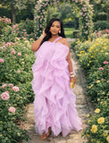 ONE SHOULDER STRAP LAYERED RUFFLE TIERED MAXI DRESS (LAVENDER)