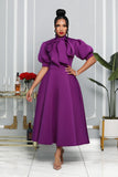 BUBBLE SLEEVE NECK BOW FIT AND FLAIR MIDI DRESS (PURPLE)