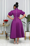 BUBBLE SLEEVE NECK BOW FIT AND FLAIR MIDI DRESS (PURPLE)