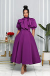 BUBBLE SLEEVE NECK BOW FIT AND FLAIR MIDI DRESS (PURPLE)