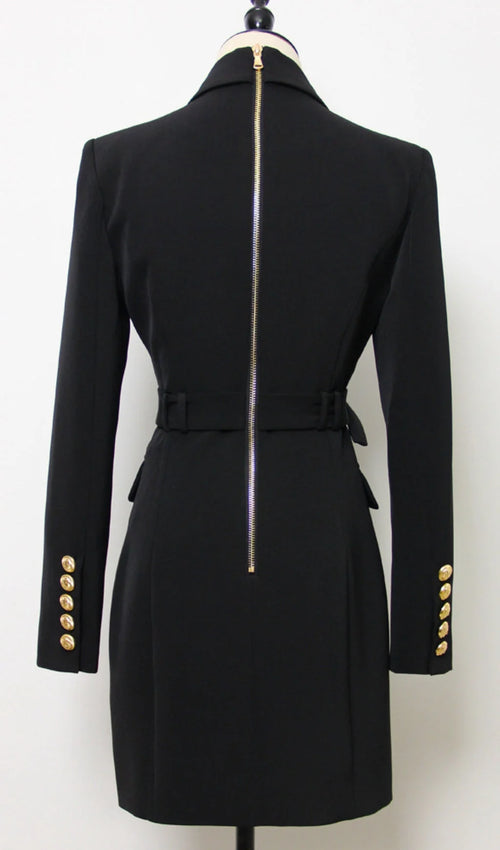 DOUBLE-BREASTED MINI DRESS WITH NOTCHED LAPEL AND BELT (BLACK)
