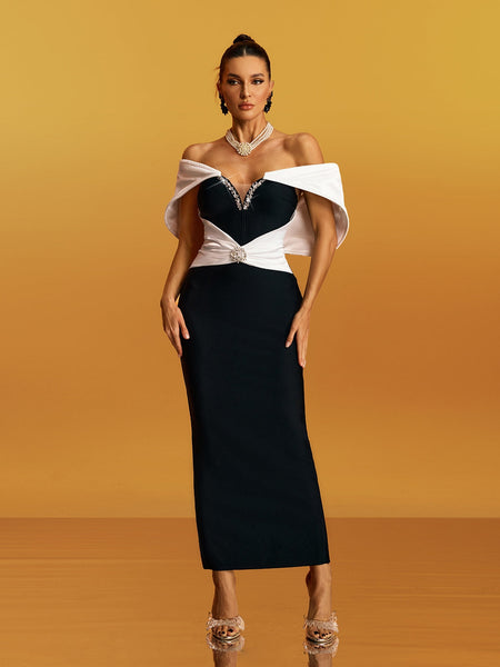 SIGNATURE OFF SHOULDER CRYSTAL DETAIL BANDAGE DRESS