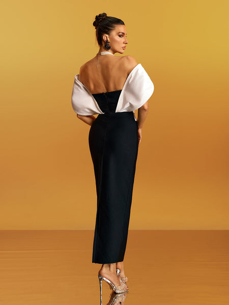 SIGNATURE OFF SHOULDER CRYSTAL DETAIL BANDAGE DRESS