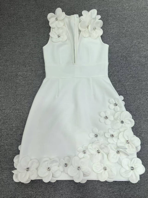 ADORNED 3D FLORAL APPLIQUES CRYSTAL DETAIL BANDAGE MINI DRESS