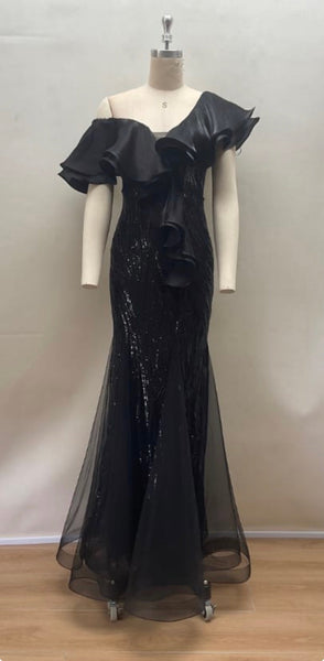 GALA RUFFLED DRAMA SEQUIN MERMAID BLACK GOWN