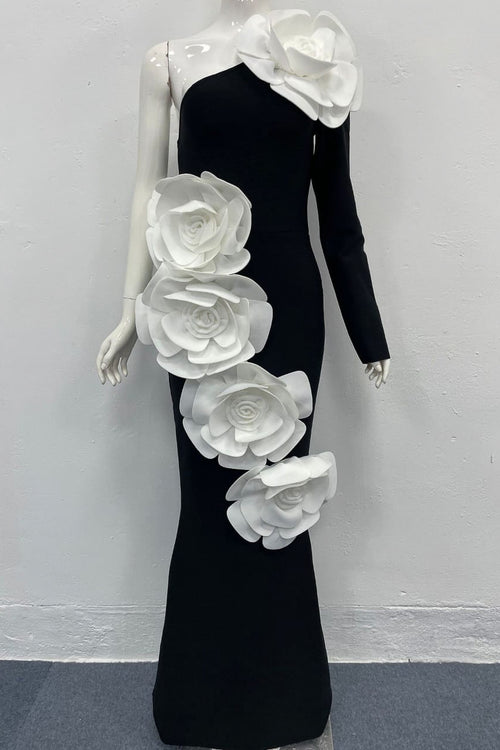 STATEMENT 3D FLOWERs ONE SHOULDER BANDAGE MAXI DRESS
