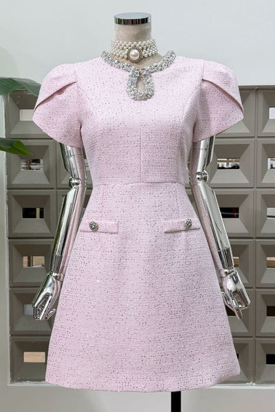 RHINESTONE NECKLINE PETAL SLEEVES MINI DRESS (PINK)