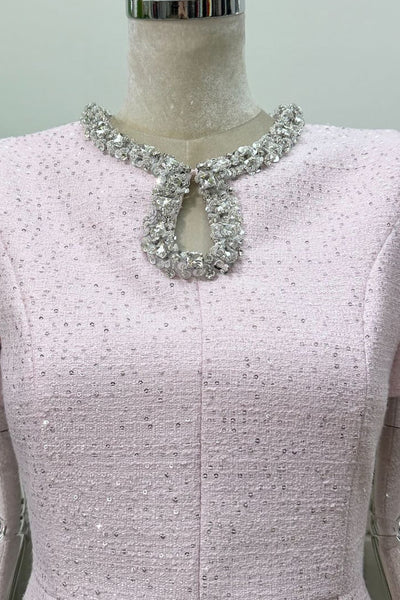 RHINESTONE NECKLINE PETAL SLEEVES MINI DRESS (PINK)