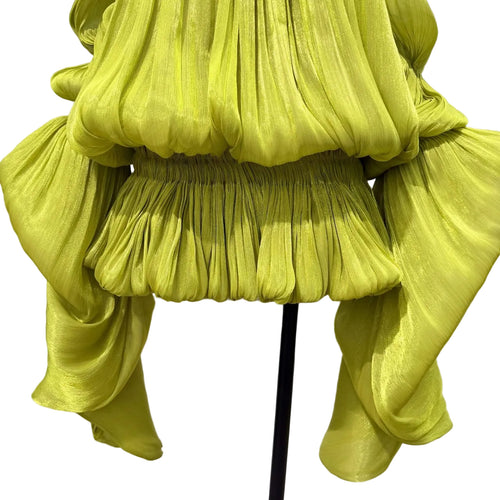 DRAMA BALLOON SLEEVES RUCH MINI DRESS AND SHORT SET (CHARTREUSE)