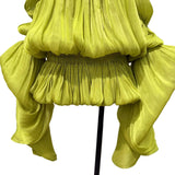 DRAMA BALLOON SLEEVES RUCH MINI DRESS AND SHORT SET (CHARTREUSE)