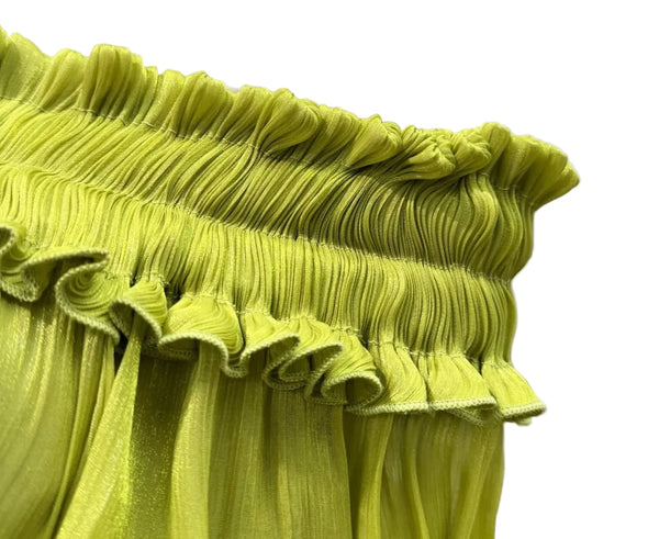 DRAMA BALLOON SLEEVES RUCH MINI DRESS AND SHORT SET (CHARTREUSE)