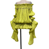 DRAMA BALLOON SLEEVES RUCH MINI DRESS AND SHORT SET (CHARTREUSE)