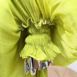 DRAMA BALLOON SLEEVES RUCH MINI DRESS AND SHORT SET (CHARTREUSE)