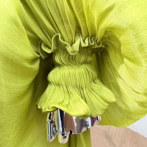 DRAMA BALLOON SLEEVES RUCH MINI DRESS AND SHORT SET (CHARTREUSE)