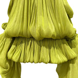 DRAMA BALLOON SLEEVES RUCH MINI DRESS AND SHORT SET (CHARTREUSE)