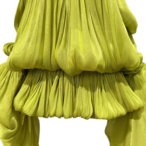 DRAMA BALLOON SLEEVES RUCH MINI DRESS AND SHORT SET (CHARTREUSE)