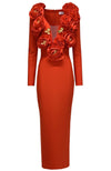 3D FLOWER NECKLINE EMBELLISHED LONG SLEEVE BANDAGE DRESS (RED)