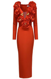 3D FLOWER NECKLINE EMBELLISHED LONG SLEEVE BANDAGE DRESS (RED)