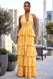HALTER NECK TIERED OPEN BACK FLORAL MAXI DRESS (YELLOW)