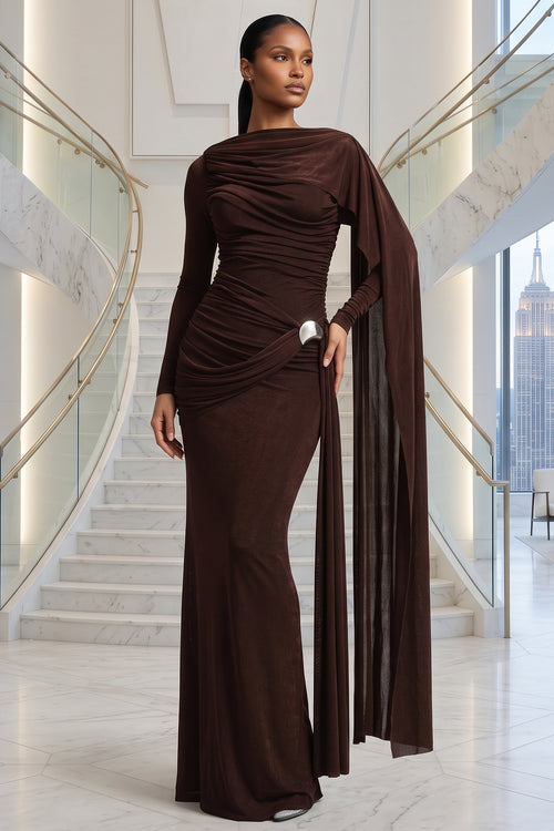 LONG SLEEVES SIDE TRAIN RUCHED DETAIL BROWN MAXI DRESS