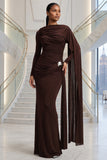 LONG SLEEVES SIDE TRAIN RUCHED DETAIL BROWN MAXI DRESS