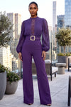 CROCHET DETAIL WOVEN TOP BELTED WIDE LEG JUMPSUIT (ULTRA VIOLET)