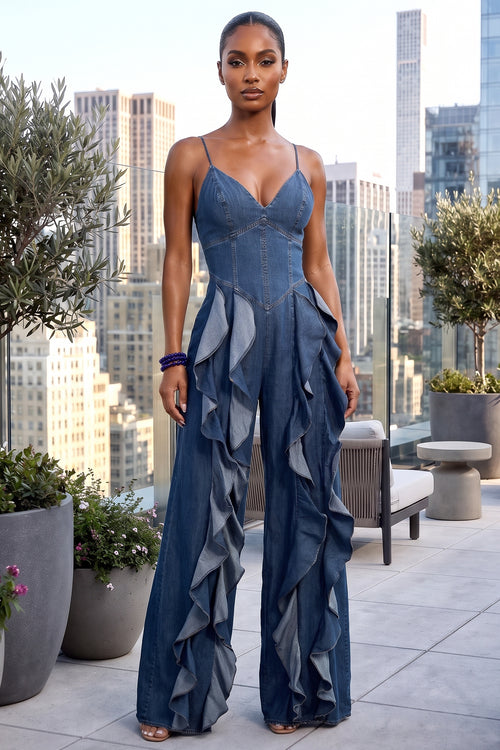 RODEO CASCADING RUFFLE WIDE LEG DENIM JUMPSUIT (DENIM BLUE)