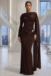 LONG SLEEVES SIDE TRAIN RUCHED DETAIL BROWN MAXI DRESS