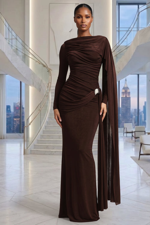 LONG SLEEVES SIDE TRAIN RUCHED DETAIL BROWN MAXI DRESS