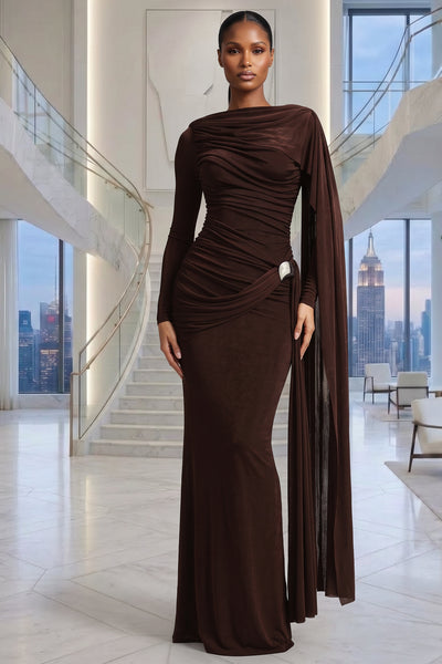 LONG SLEEVES SIDE TRAIN RUCHED DETAIL BROWN MAXI DRESS