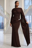 LONG SLEEVES SIDE TRAIN RUCHED DETAIL BROWN MAXI DRESS