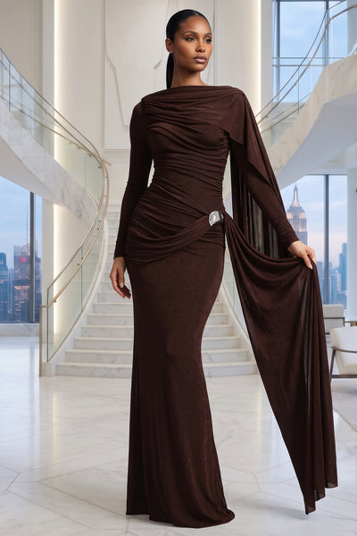 LONG SLEEVES SIDE TRAIN RUCHED DETAIL BROWN MAXI DRESS