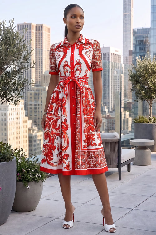 COLLAR BUTTON DOWN PAISLEY SELF-TIE MIDI DRESS (RED-WHITE)