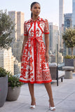 COLLAR BUTTON DOWN PAISLEY SELF-TIE MIDI DRESS (RED-WHITE)