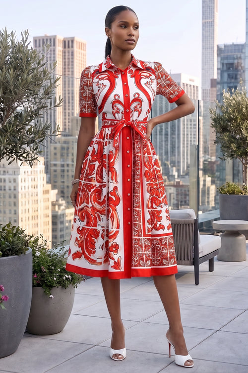 COLLAR BUTTON DOWN PAISLEY SELF-TIE MIDI DRESS (RED-WHITE)