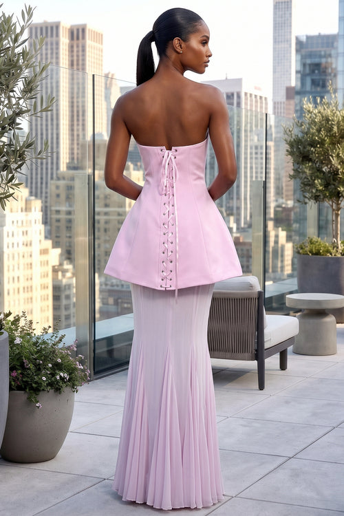 STRAPLESS PINK CORSET DRESS WITH MESH SKIRT SET