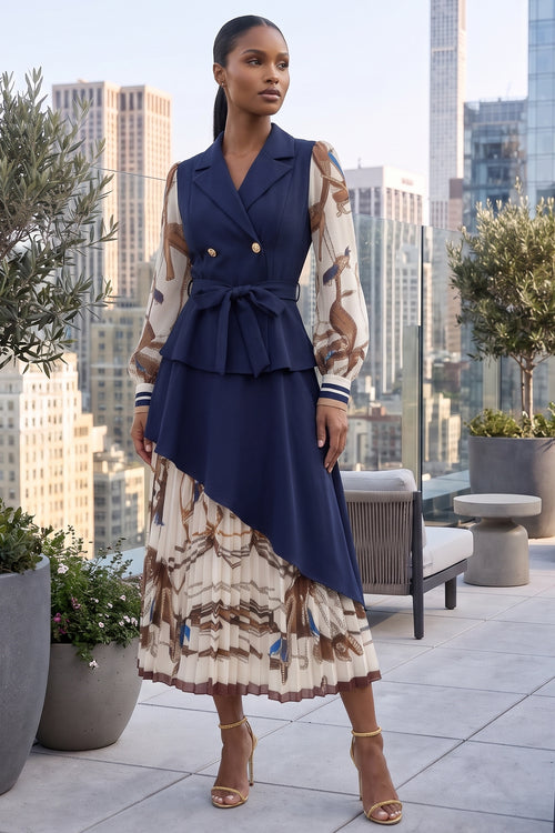 COLLARED PRINTED PLEATS DETAIL PEPULM LAYERED DRESS (NAVY MULTI)