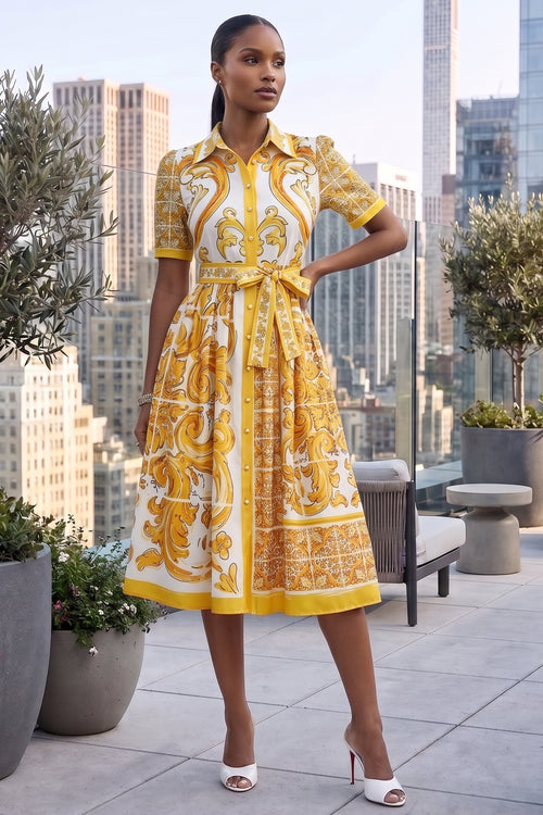 COLLAR BUTTON DOWN PAISLEY SELF-TIE MIDI DRESS (YELLOW-WHITE)
