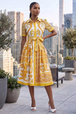 COLLAR BUTTON DOWN PAISLEY SELF-TIE MIDI DRESS (YELLOW-WHITE)