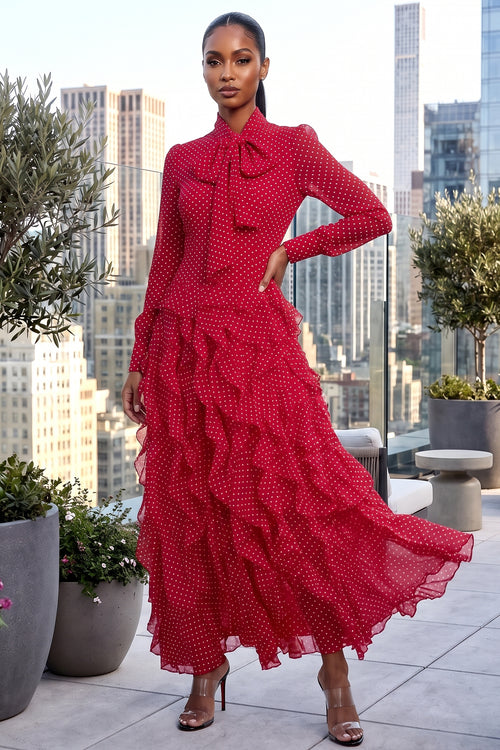 CASCADE RUFFLE POLKA DOT BOWKNOT CHIFFON MAXI DRESS (RED/WHITE)