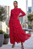 CASCADE RUFFLE POLKA DOT BOWKNOT CHIFFON MAXI DRESS (RED/WHITE)