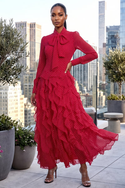 CASCADE RUFFLE POLKA DOT BOWKNOT CHIFFON MAXI DRESS (RED/WHITE)