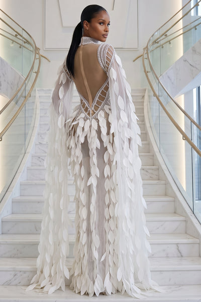 3D LEAF CRYSTAL AND PEARL EMBELLISHED MESH SEE THROUGH MAXI DRESS