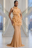 ELEGANT HIGH NECK FLORAL MESH BEIGE MAXI DRESS